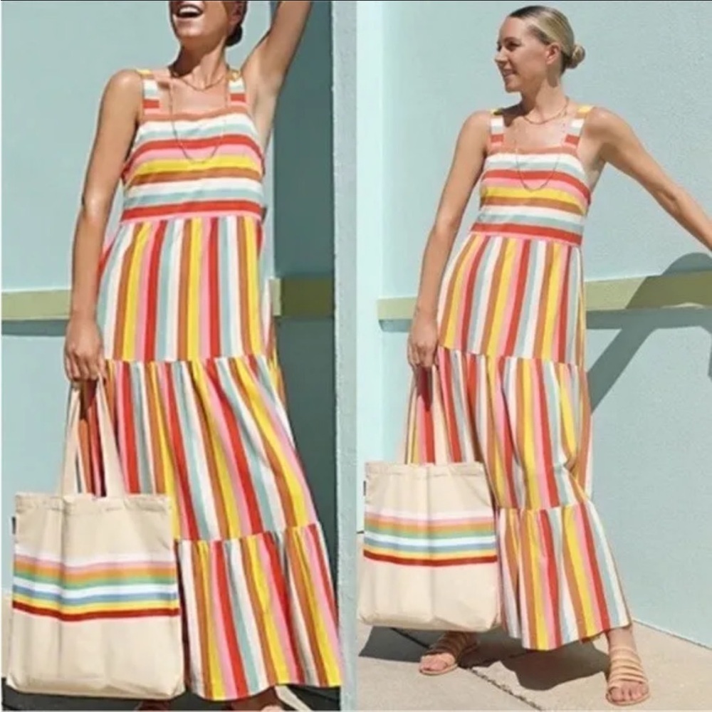 J Crew Tiered Maxi Dress in Rainbow Stripe Square Neck Knit Jersey Size Small S - Picture 7 of 16